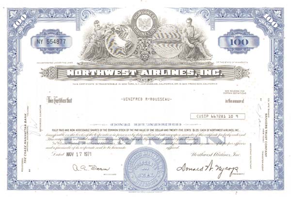 Inc Northwest Airlines Stock Certificate 