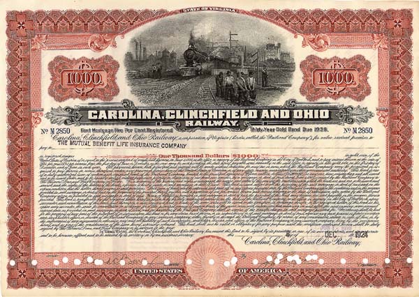 Carolina Clinchfield and Ohio Railway - $1,000 Bond