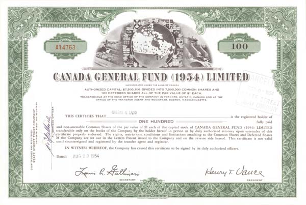 Canada General Fund 1954 (Limited) - Stock Certificate