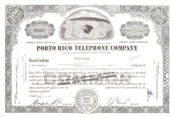 Porto Rico Telephone Company - Stock Certificate