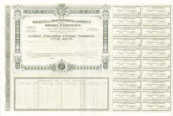 Societe Des Transports En Commun De La Region Parisienne - Stock Certificate