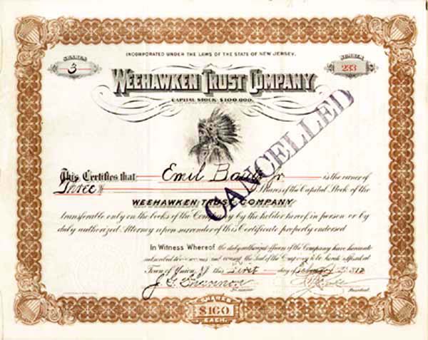 Weehawken Trust Co. - Stock Certificate