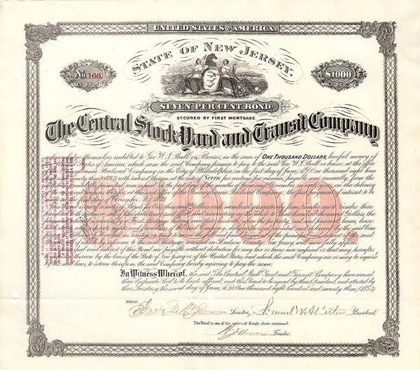 Central Stockyard and Transit Co. - $1,000 Railroad Bond from Harsimus Cove, New Jersey