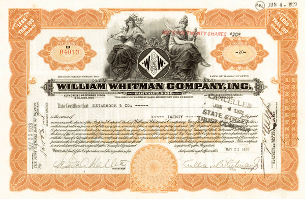 William Whitman Co., Inc - Stock Certificate