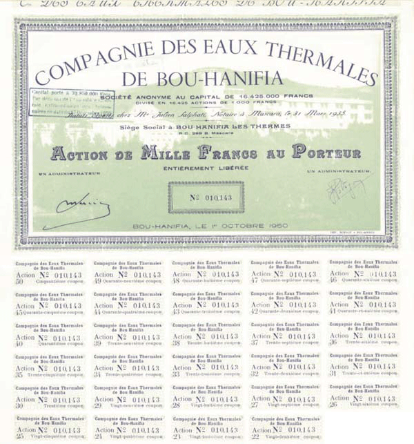 Compagnie Des Eaux Thermales de Bou-Hanifia - Stock Certificate