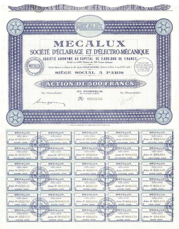 Mecalux-Societe D'Eclairage Et D'Electro-Mecanique - Stock Certificate