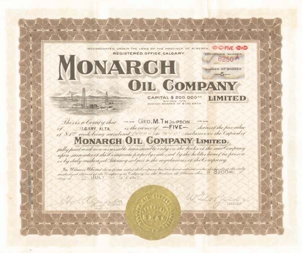 Monarch Oil Co. Limited - Stock Certificate