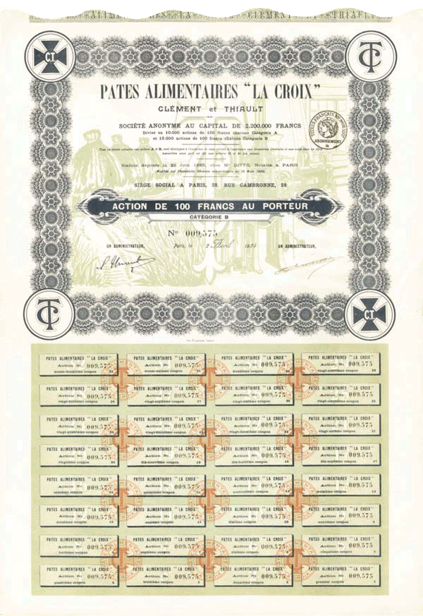Pates Alimentaires 'La Croix' - Stock Certificate