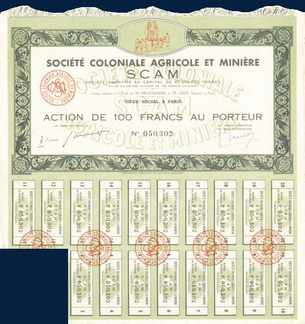 Societe Coloniale Agricole Et Miniere-Scam - Stock Certificate