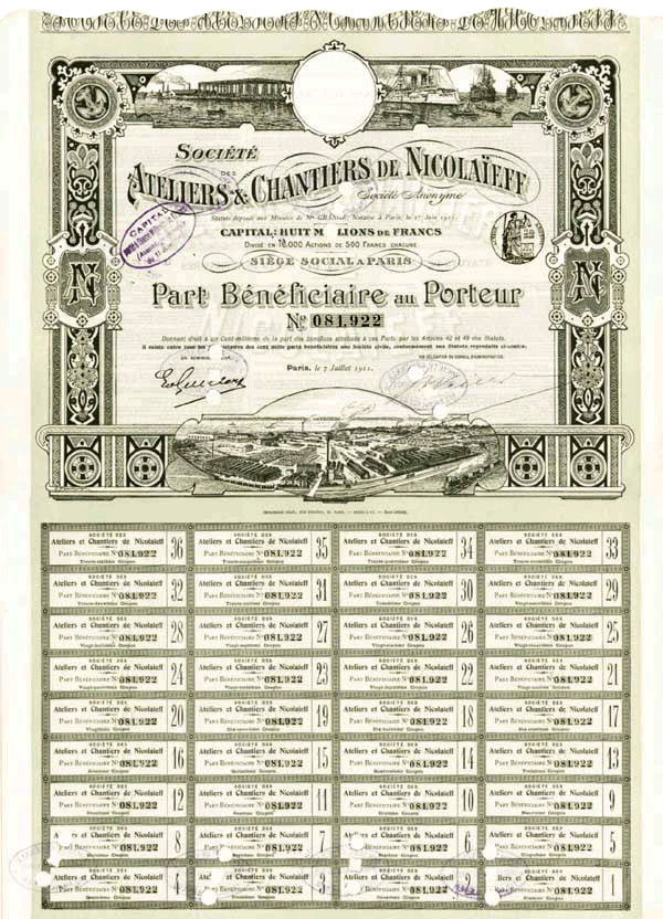 Societe Des Ateliers and Chantiers de Nicolaieff - Stock Certificate