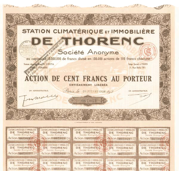 Station Climaterique Et Immobiliere de Thorenc - Stock Certificate
