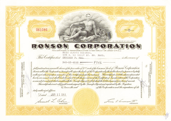 Ronson Corporation - Stock Certificate