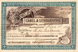 Schmidt Label and Lithographic Co. - 1884 dated Stock Certificate