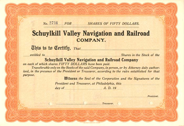 Schuylkill Valley Navigation and Railroad Co. - Unissued Stock Certificate