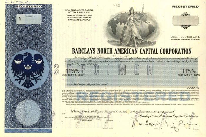 Barclays North American Capital Corporation - 1983 dated Banking Specimen Bond