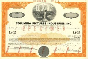 Columbia Pictures Corp. - American Film Production Studio Bond - Very Rare