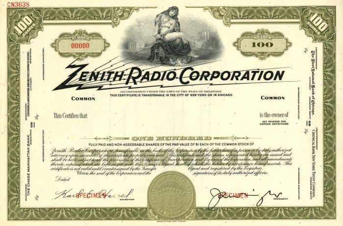 Zenith Radio Corporation - Stock Certificate