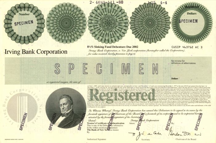 Irving Bank Corporation - Specimen Bond - Available in Red, Green or Brown