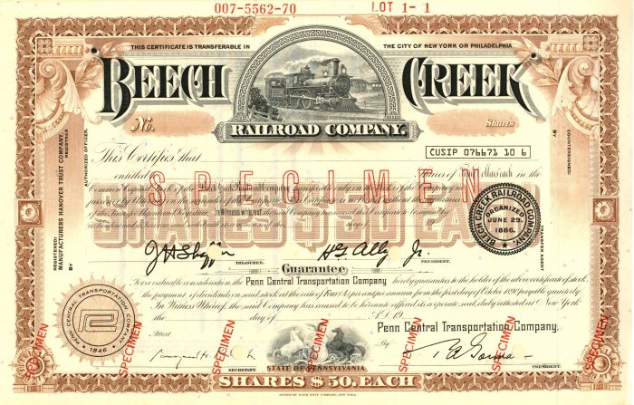 Beech Creek Railroad Co. - Specimen Stock Certificate