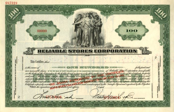 Reliable Stores Corporation - Stock Certificate