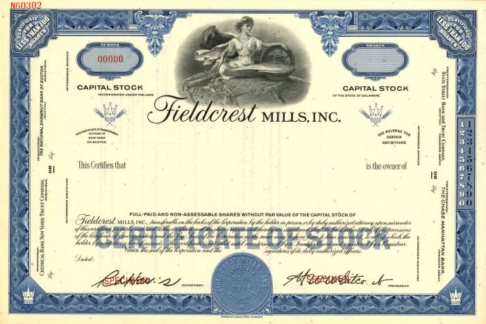 Fieldcrest Mills, Inc. - Stock Certificate