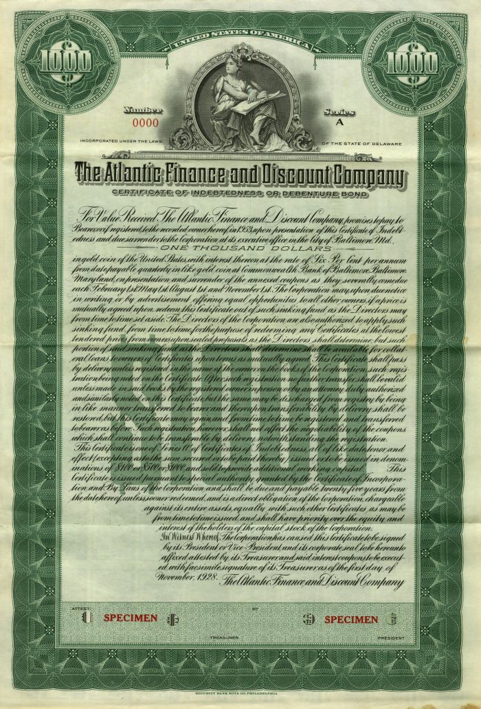 Atlantic Finance and Discount Co. - 1928 dated $1,000 Specimen Bond