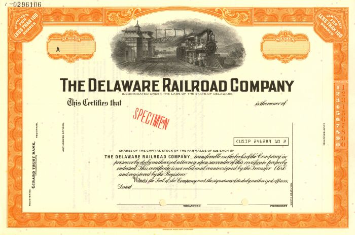 Delaware Railroad Co. - Stock Certificate