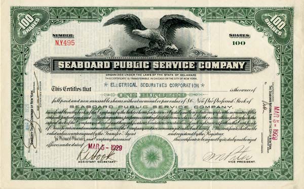 Seaboard Public Service Co. - Utility Stock Certificate