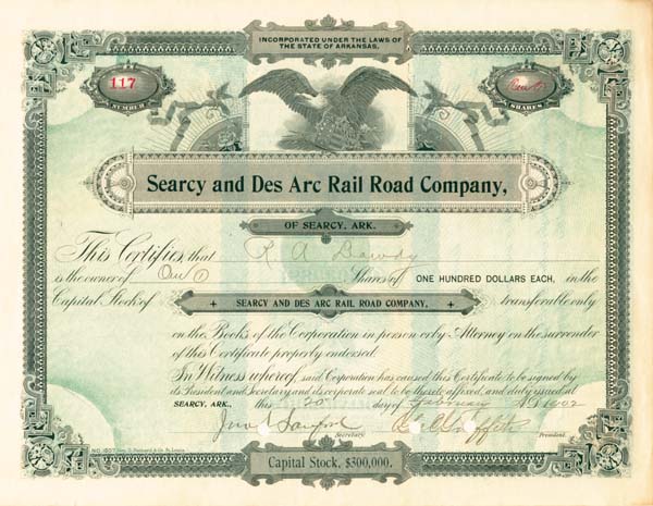 Searcy and Des Arc Railroad of Searcy, AR - Stock Certificate