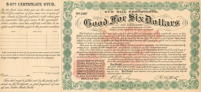Sears Roebuck Co. $6 Certificate