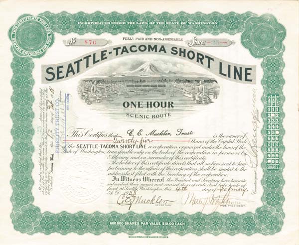 Seattle-Tacoma Short Line - Stock Certificate