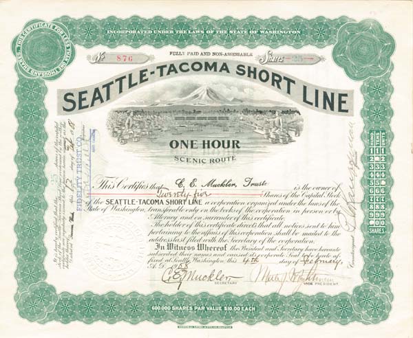 Seattle-Tacoma Short Line - Stock Certificate