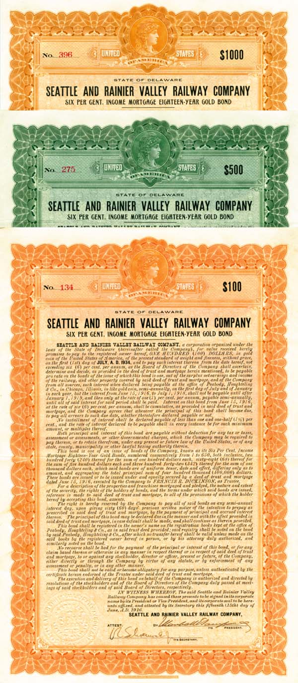 Seattle and Rainier Valley Railway - Bond (Uncanceled)