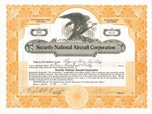 Security National Aircraft Corporation signed by Winfield Bertrum "Bert" Kinner - Stock Certificate