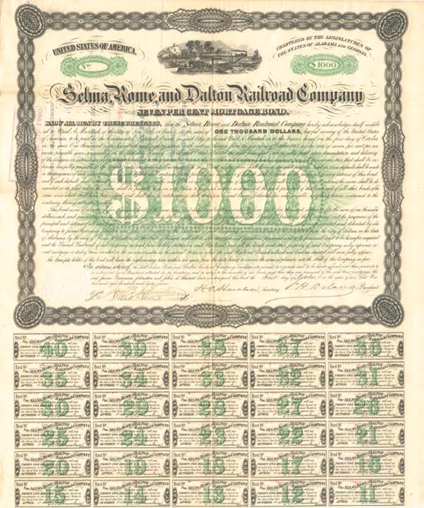 Selma, Rome, and Dalton Railroad Co. - $1,000 Uncancelled Bond (Uncanceled)