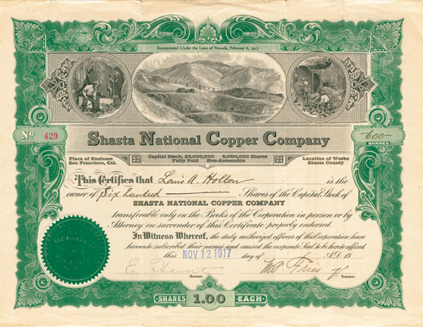 Shasta National Copper Co. - Stock Certificate