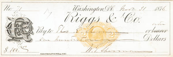 General Wm T. Sherman signed Check - Washington, DC