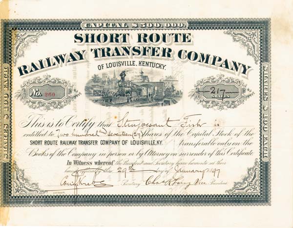 E. H. Harriman and Stuyvesant Fish autographed Short Route Railway Transfer Co. - Stock Certificate