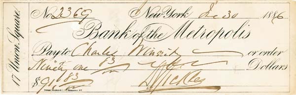 Major General D. E. Sickles signed Check dated 1880's - Autograph Check