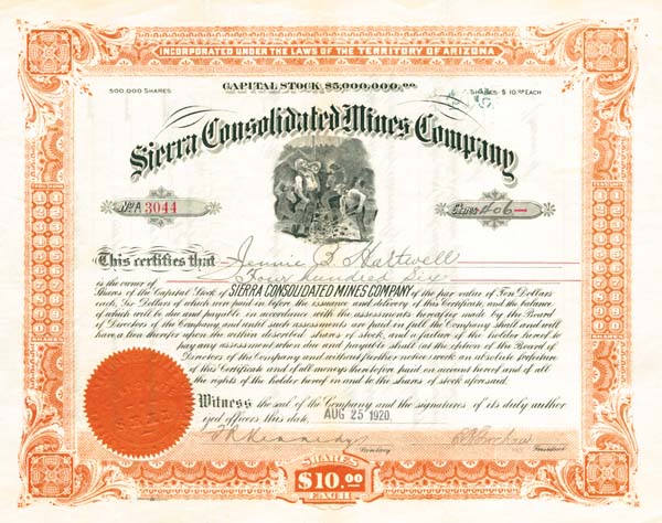 Sierra Consolidated Mines Co. - Stock Certificate