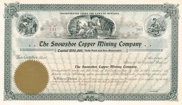 Snowshoe Copper Mining Co. - Unissued Stock Certificate