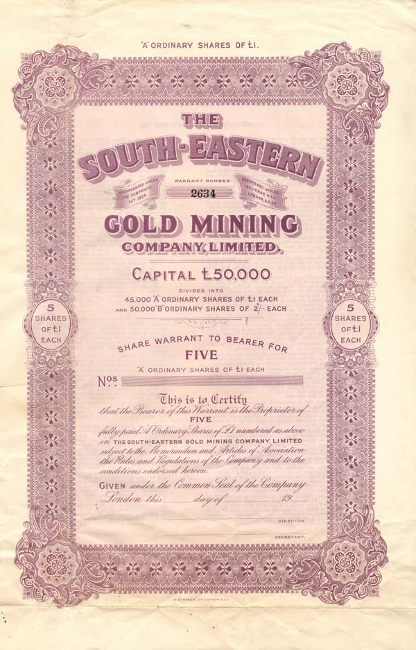 South-Eastern Gold Mining Co., Limited - Stock Certificate