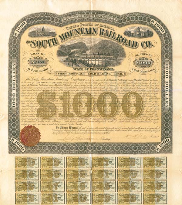 South Mountain Railroad Co. - $1,000 - Bond (Uncanceled)