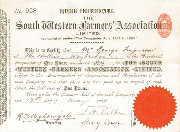South Western Farmers Association Ltd - Stock Certificate