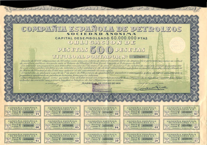 Compania Espanola De Petroleos - 500 Pesetas