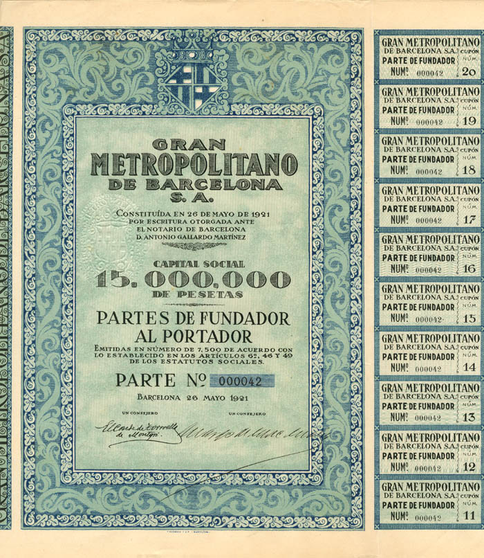 Gran Metropolitano De Barcelona S.A. - 15,000,000 Pesetas