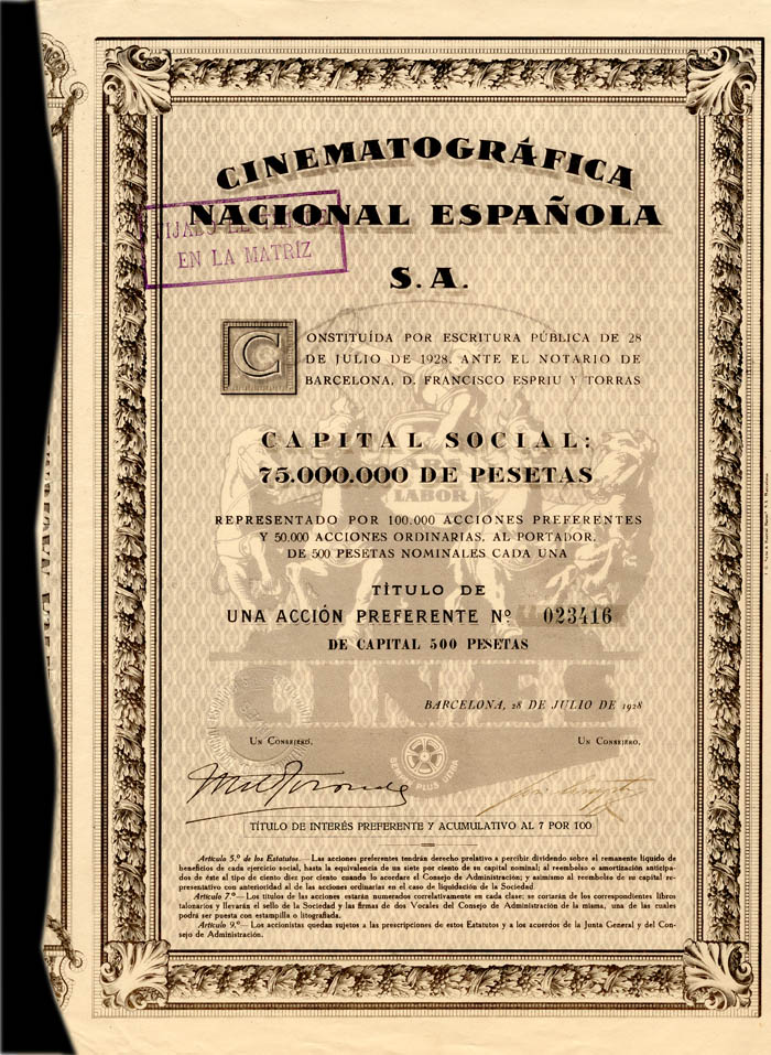 Cinematografica Nacional Espanola S.A. - Stock Certificate