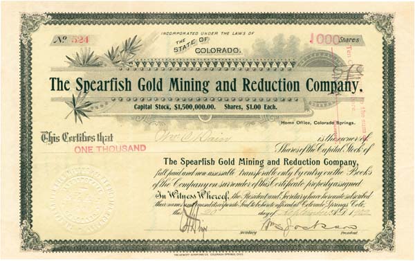 Spearfish Gold Mining and Reduction Co. - Stock Certificate