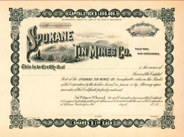 Spokane Tin Mines Co. - Stock Certificate