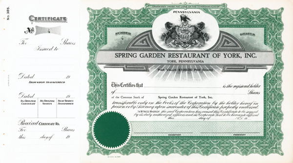 Spring Garden Restaurant of York, Inc. - Stock Certificate
